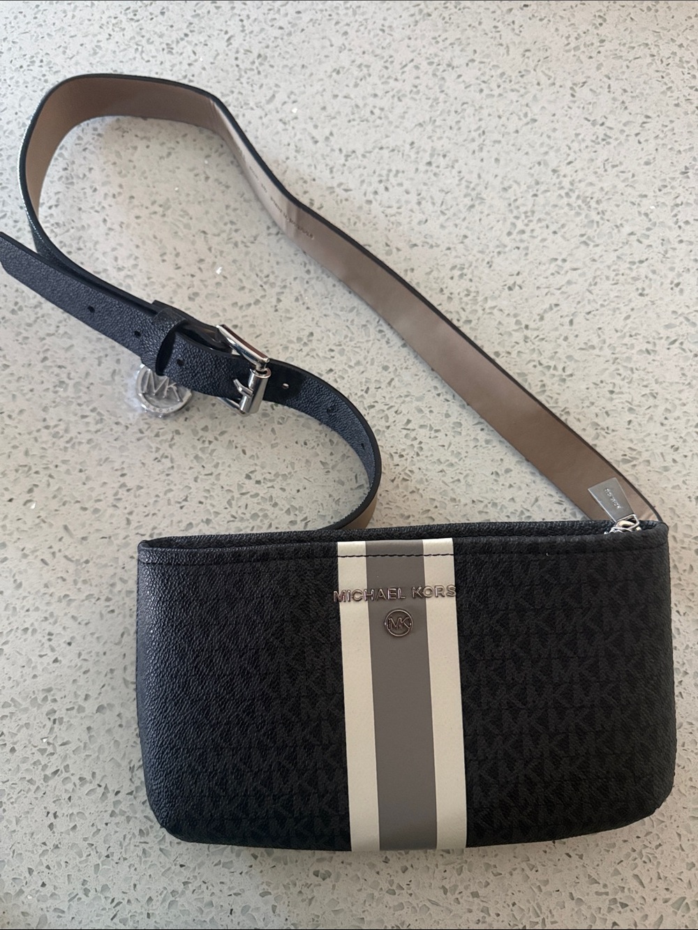 Michael Kors Black Belt Bag with Cream and Gray Center Stripes
